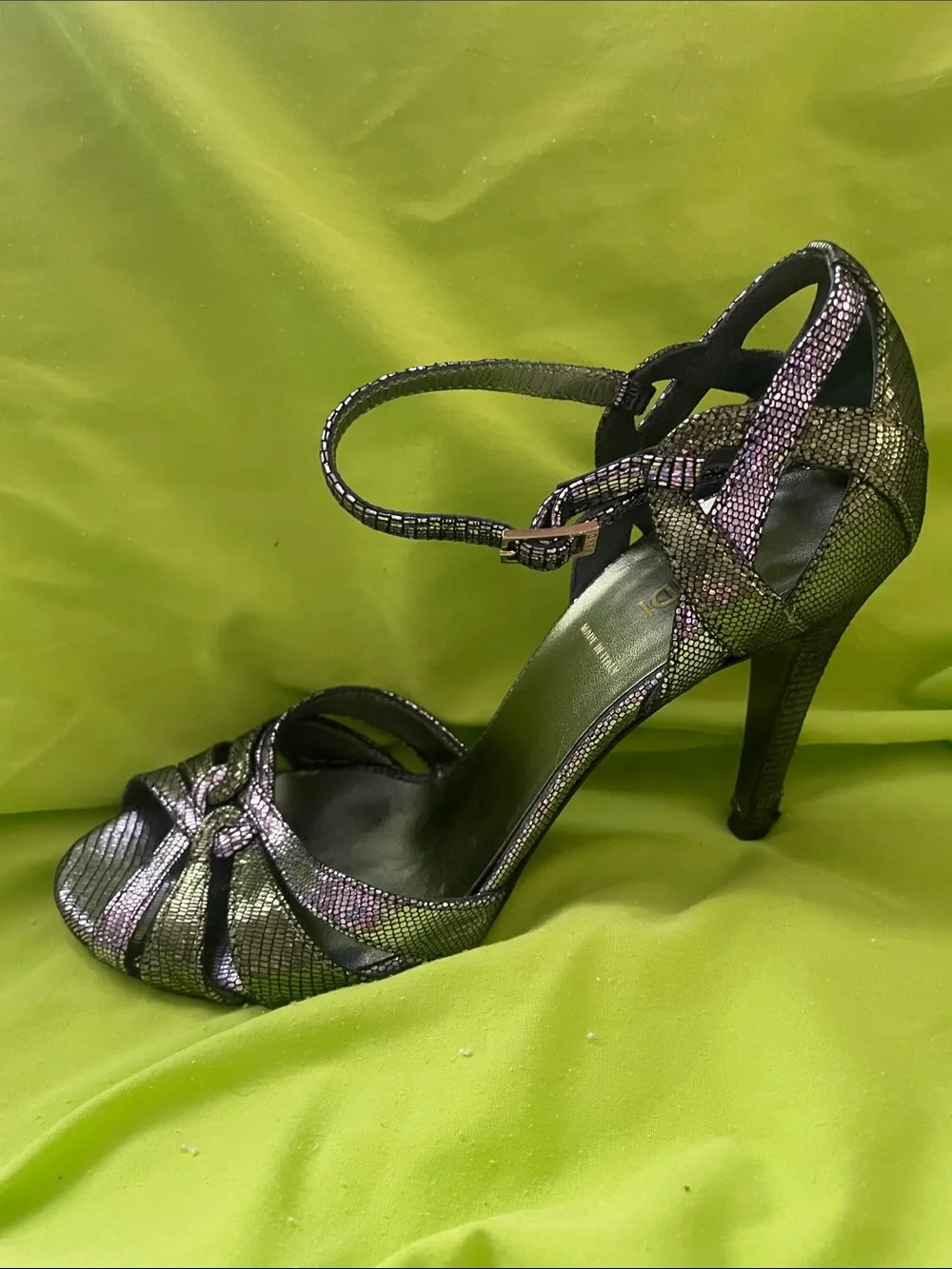 Fendi Metallic Purple & Green Crisscross Ankle-Strap Heels